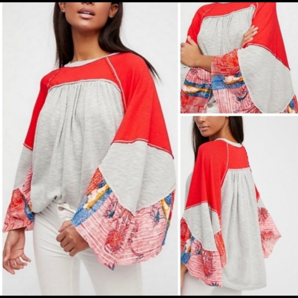 Free People We The Free Friday Fever Boho Dolman Sleeve Red and Grey Top Size Sm